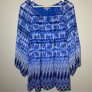JM Collection Blouse Women XL Blue White Print Embellished Neckline Lined Casual